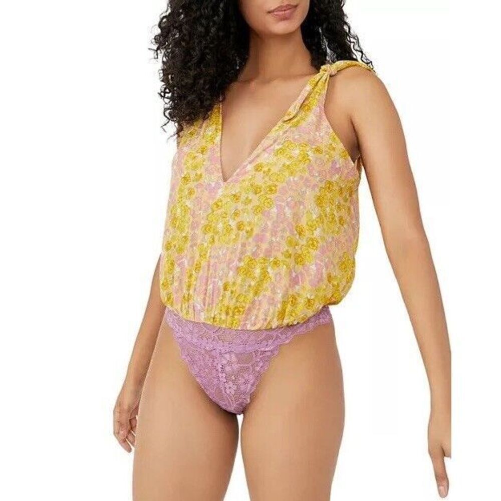Intimately Free People Lace Bodysuit Lace Women Small Floral Bare It All Yellow